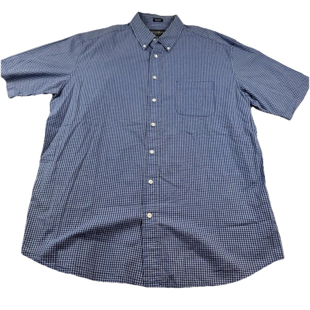 Eddie Bauer Seersucker Men's XL Tall Blue Check Short Sleeve Button Up Shirt EUC